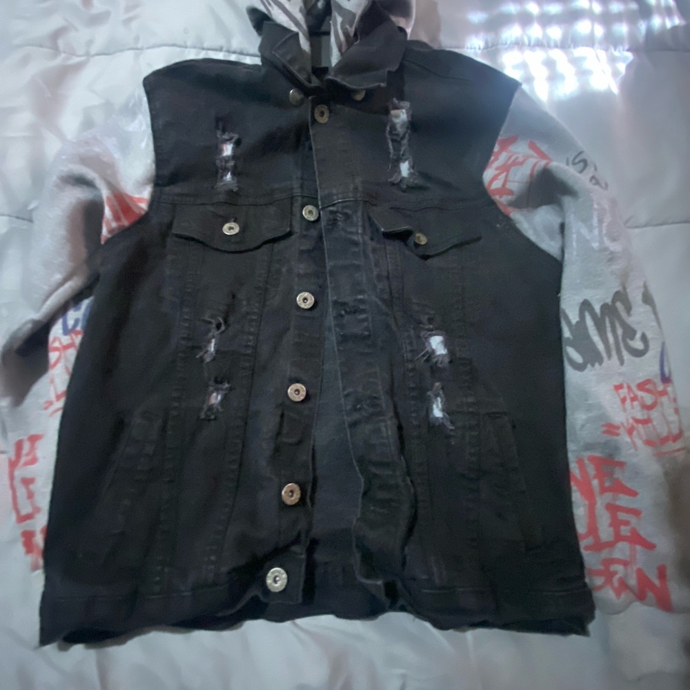 Trendy Black Denim Vest with Graphic Sleeves